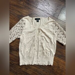 august silk Cream Lace-Sleeve Button-Front Cardigan